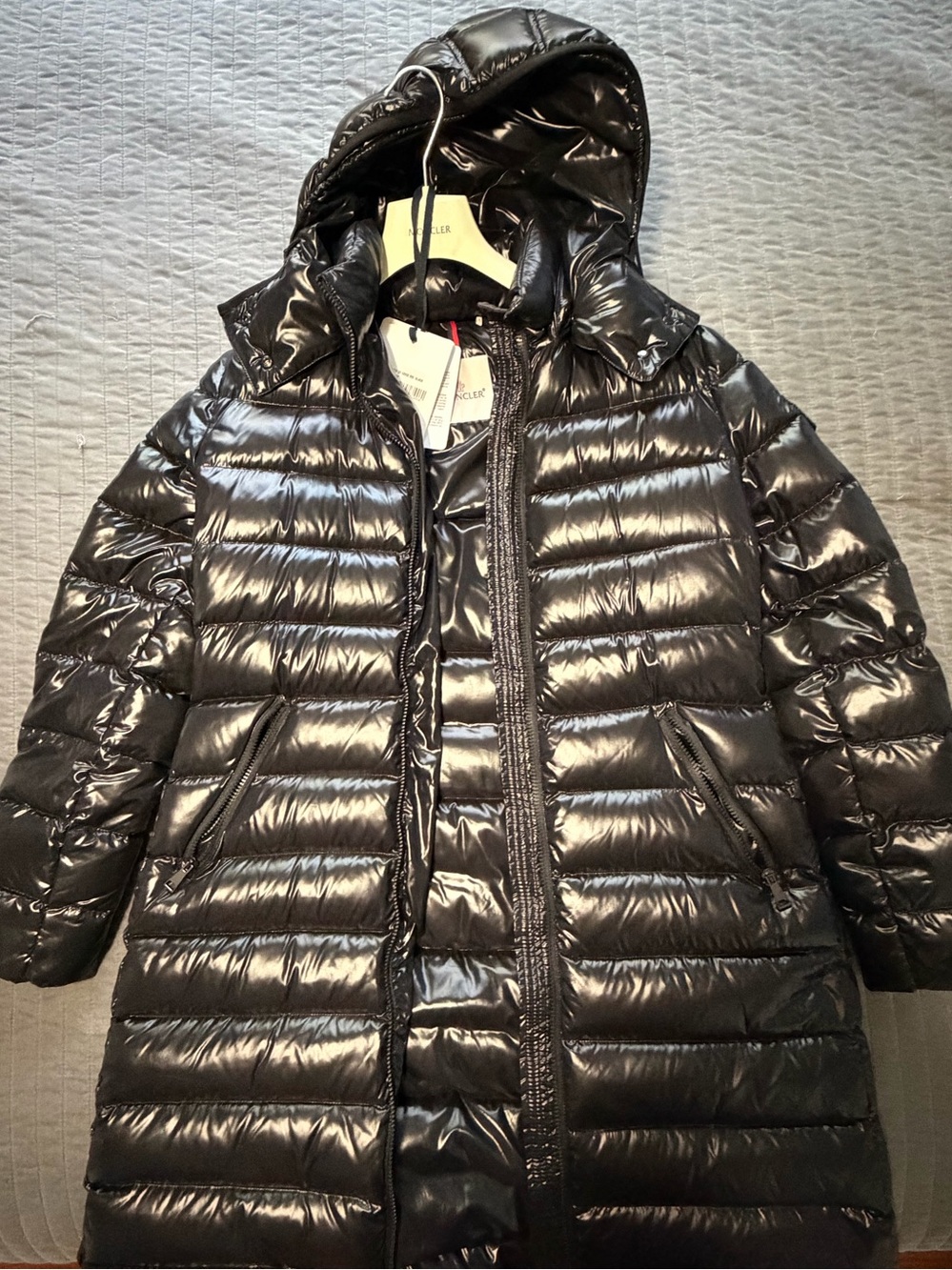 Moncler Shiny Black Quilted Hooded Puffer Coat
